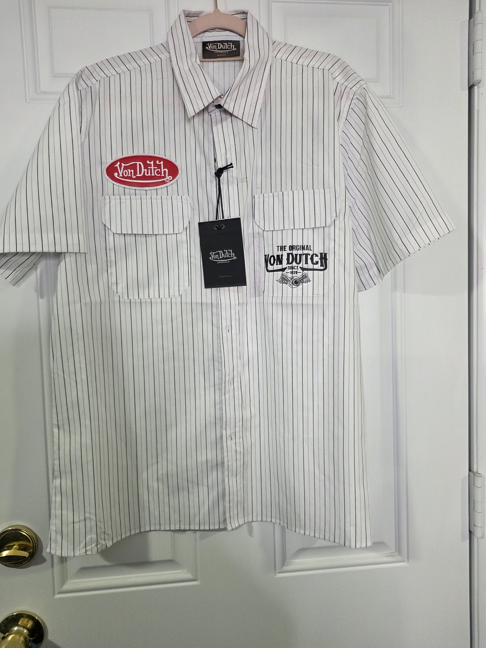 Von Dutch White Pinstripe Short-Sleeve Shirt - Picture 2 of 9
